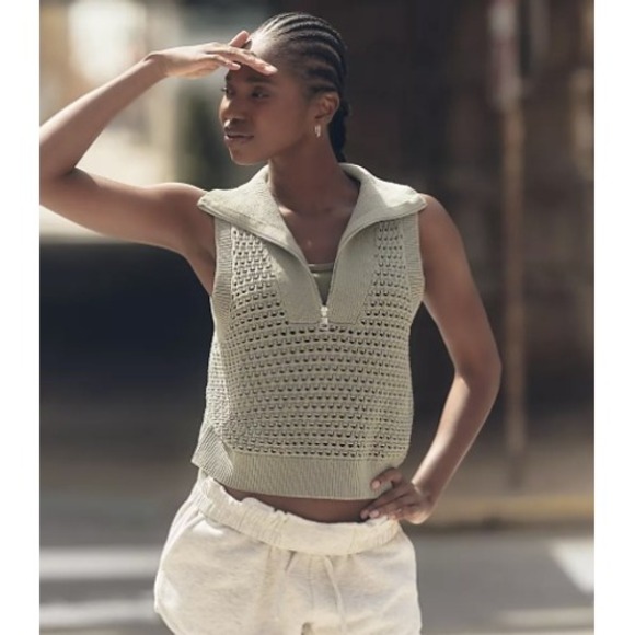 Varley Jackets & Blazers - Varley Half Zip Tank Sage Green Open Knit Cotton Vest VAR01989 Small